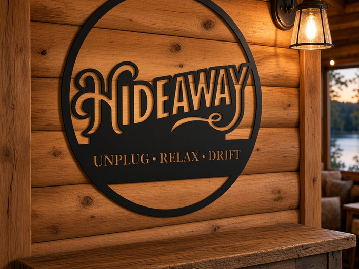 Hideaway cottage metal name sign on a cabin exterior wall