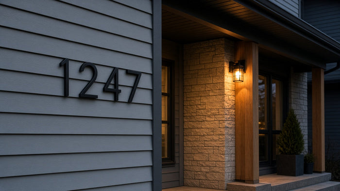 Powder-coated metal house numbers on a Canadian home exterior