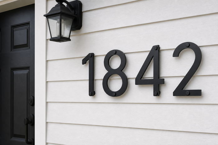 8 inch bold black metal house numbers 1842 on black standoffs with circular caps aligned to barrels, about one inch off white house siding
