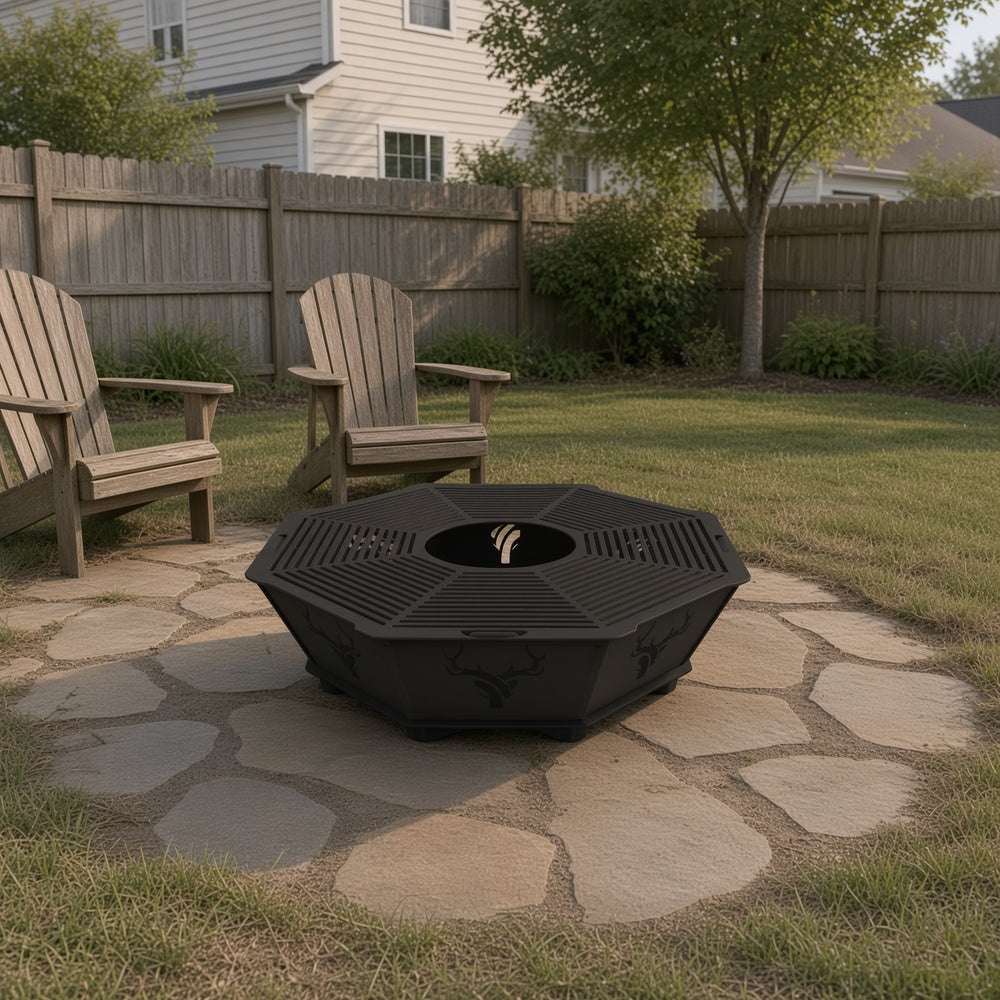 Large octagon stainless steel fire pit with high-temp black powder coat in a backyard setting