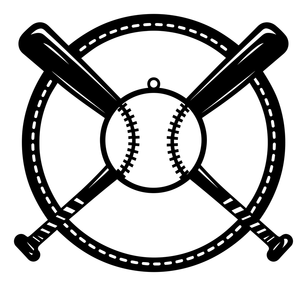 Baseball and crossed bats round metal wall art in matte black steel