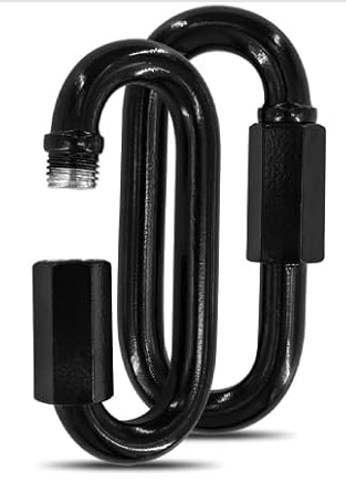 Two black heavy-duty locking carabiners with hex nut screw locks
