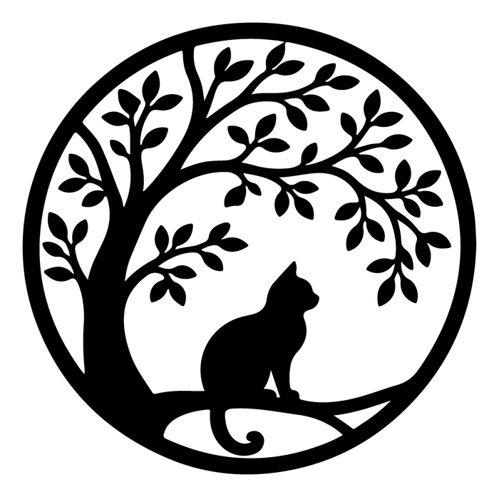 Cat under a tree round metal wall art