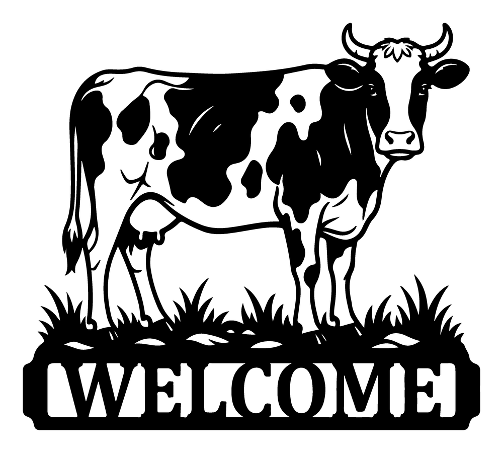 Cow welcome metal sign in matte black steel