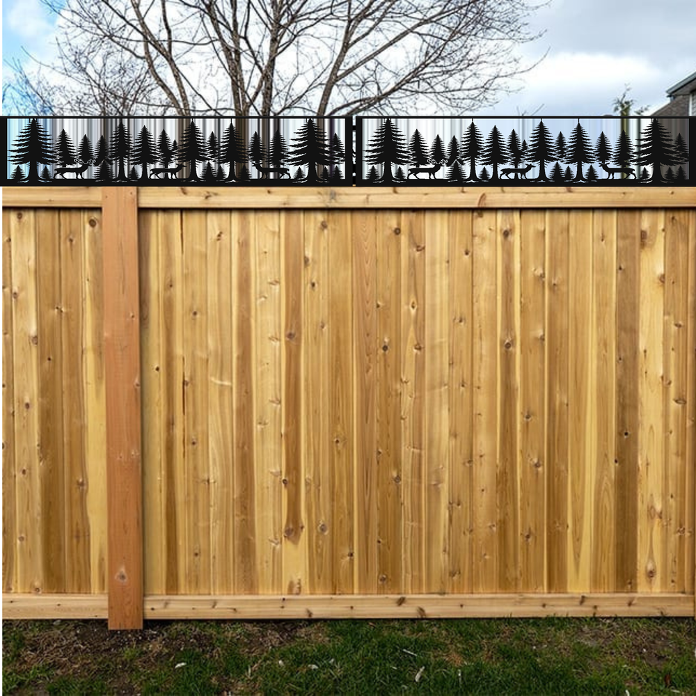 Deer forest metal fence topper on wood privacy fence