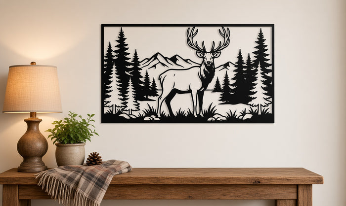Elk mountain metal wall art shown on a wall above a rustic wooden console