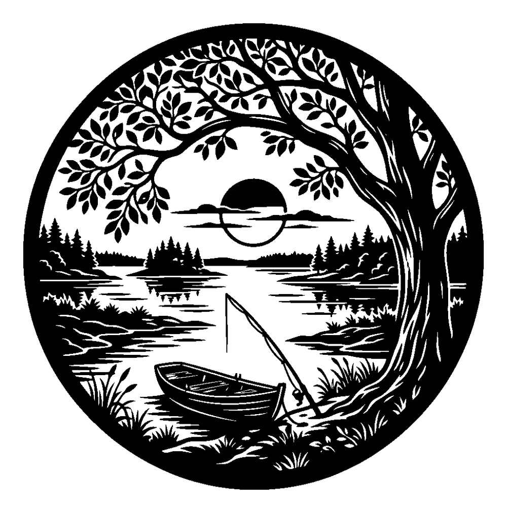 Fishing boat and lake round metal wall art in matte black steel