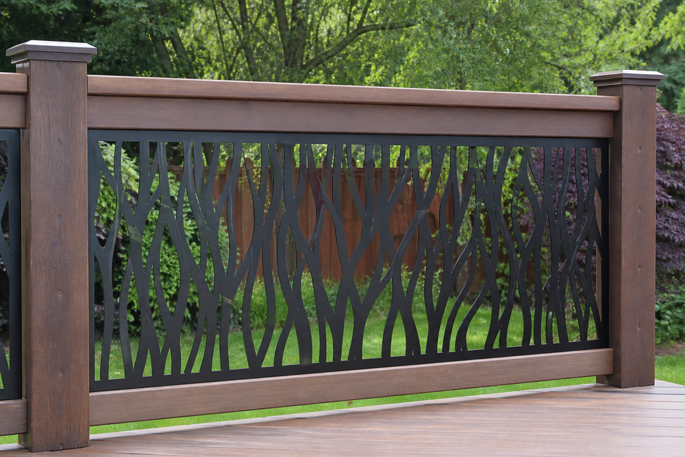 Flowing branch metal railing insert in deck railing