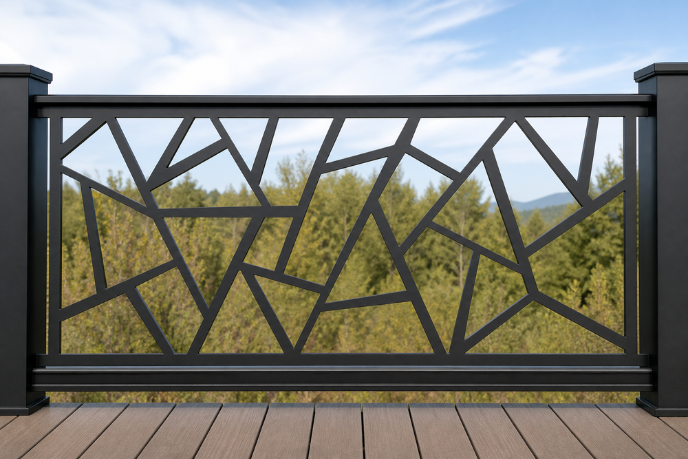 Geometric grid metal railing insert on deck