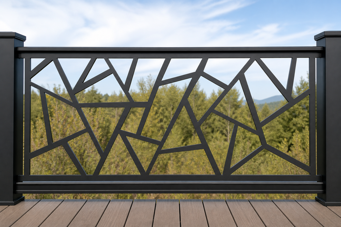 Geometric grid metal railing insert on deck