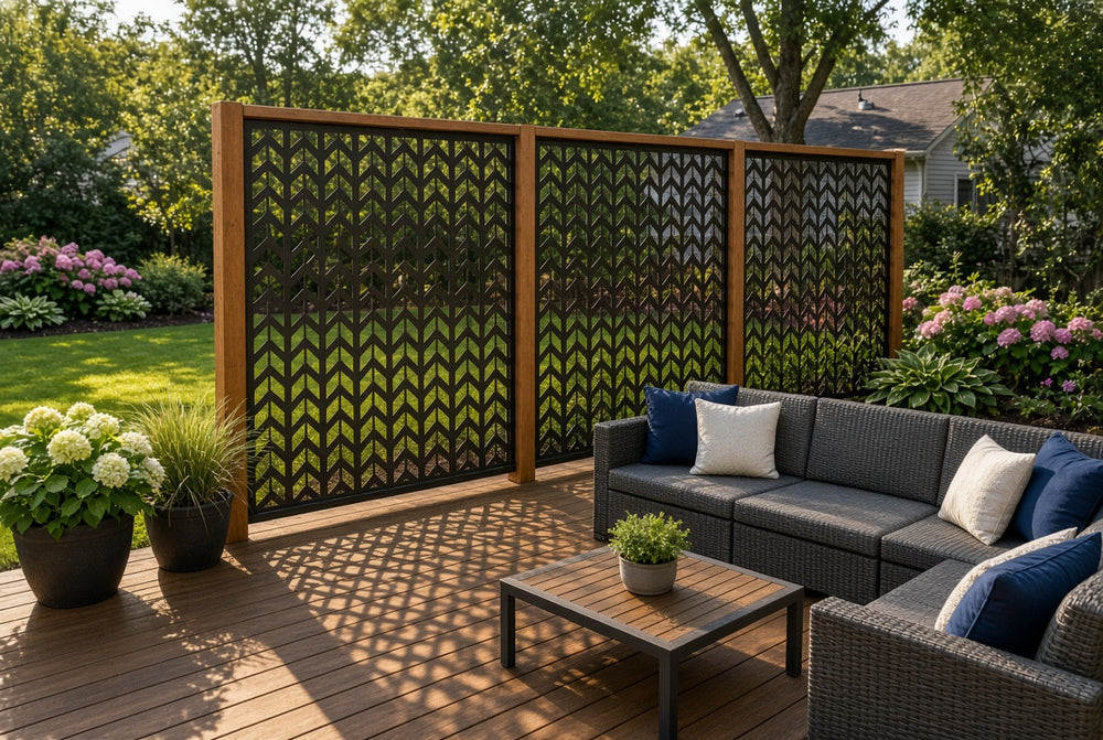 Decorative metal deck panel railing insert close-up of cutout pattern