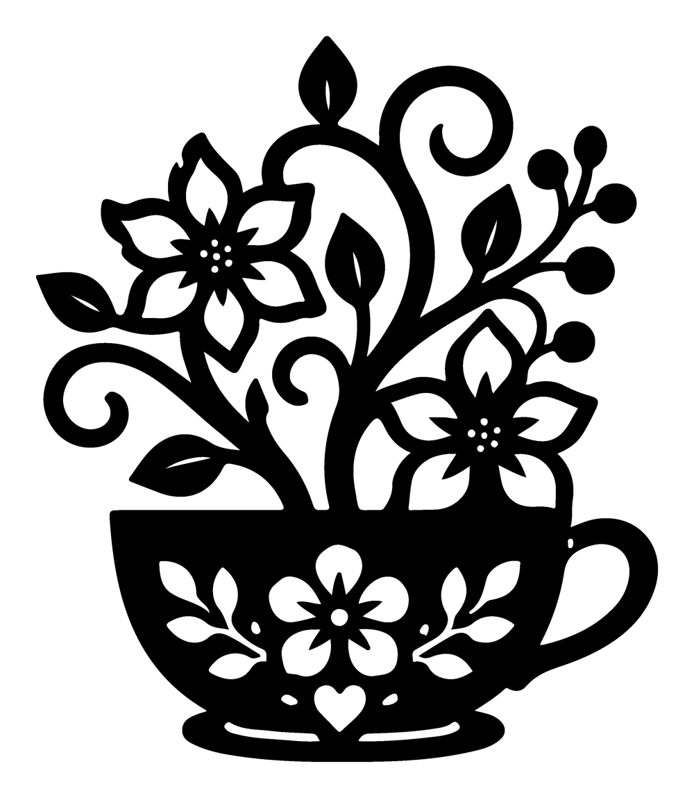 Kitchen teacup and flowers metal wall art in matte black steel