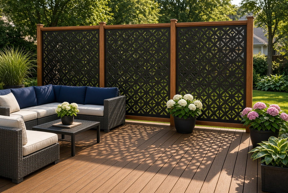 Metal privacy panel mounted on outdoor deck railing