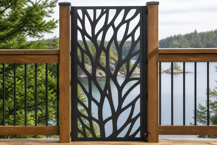 Organic branch metal privacy panel on wood deck