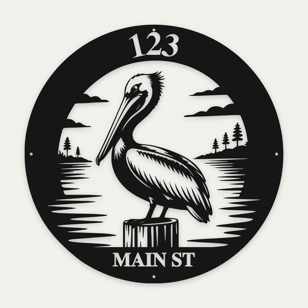 Pelican round metal address sign in black steel with house number 123 on top and MAIN ST along the bottom