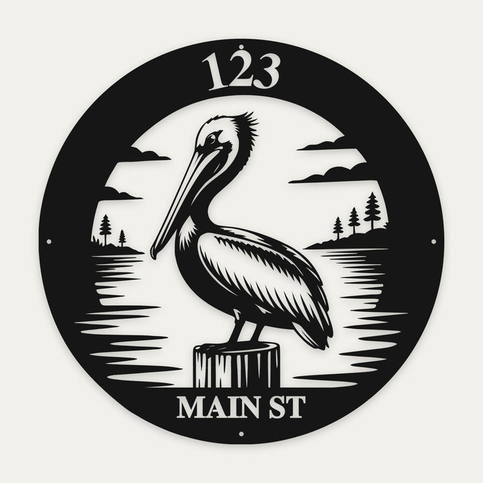 Pelican round metal address sign in black steel with house number 123 on top and MAIN ST along the bottom