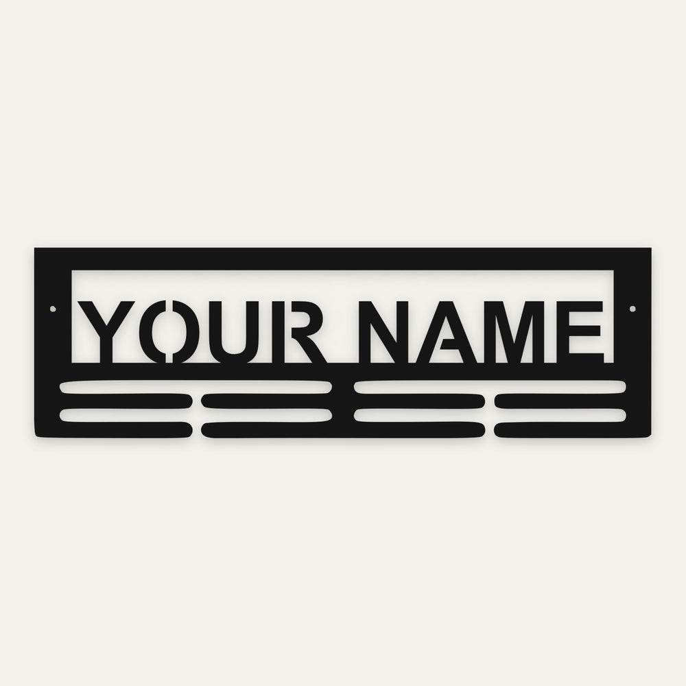 Personalized metal medal hanger in black steel with YOUR NAME cut into the top panel and 8 ribbon slots below