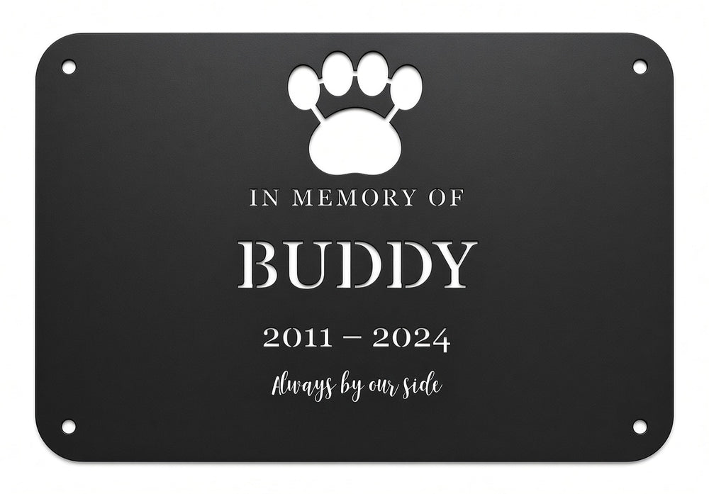 Pet memorial plaque, paw print and cut-through CNC lettering with bridges