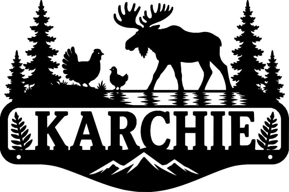 Black metal sign design preview on white — Moose and mountain wildlife family name sign