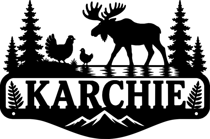 Black metal sign design preview on white — Moose and mountain wildlife family name sign