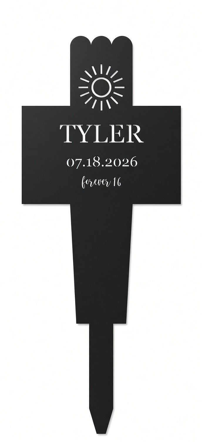 Roadside memorial cross on a stake, cut-through CNC lettering with bridges