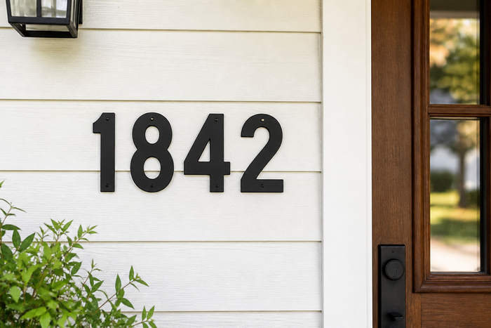 8 inch bold black metal house numbers 1842 screw mount on white house siding by front door