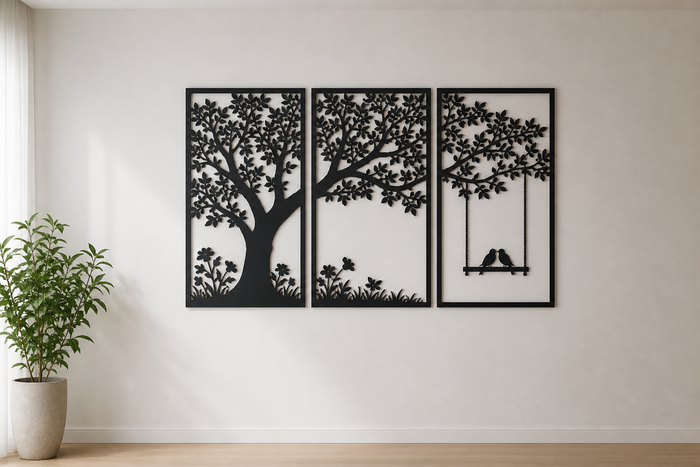 Tree and birds on a swing three-panel metal wall art on clear wall no furniture overlap