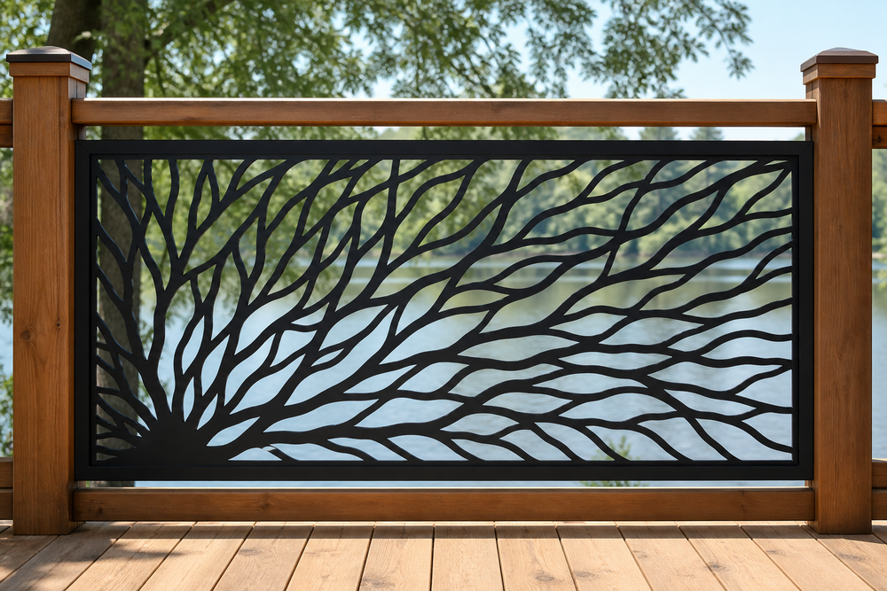 Tree Root metal railing insert on outdoor deck matching cutout pattern