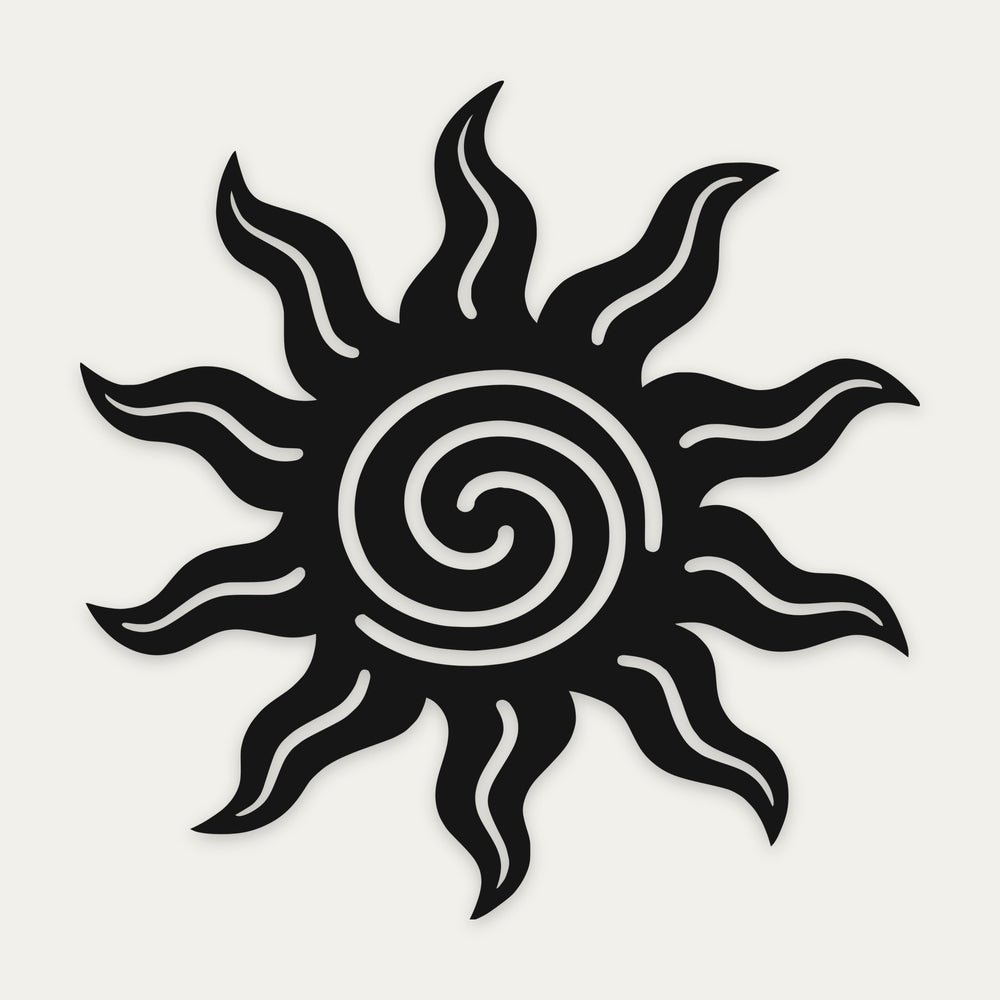 Tribal sun metal wall art in black steel with a spiral centre and wavy rays