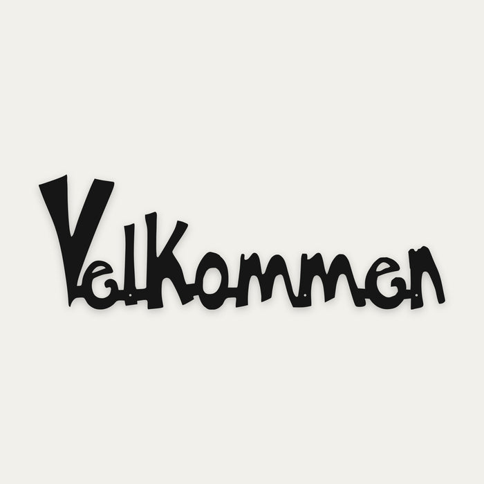 Velkommen metal welcome sign in black steel, hand-drawn script lettering