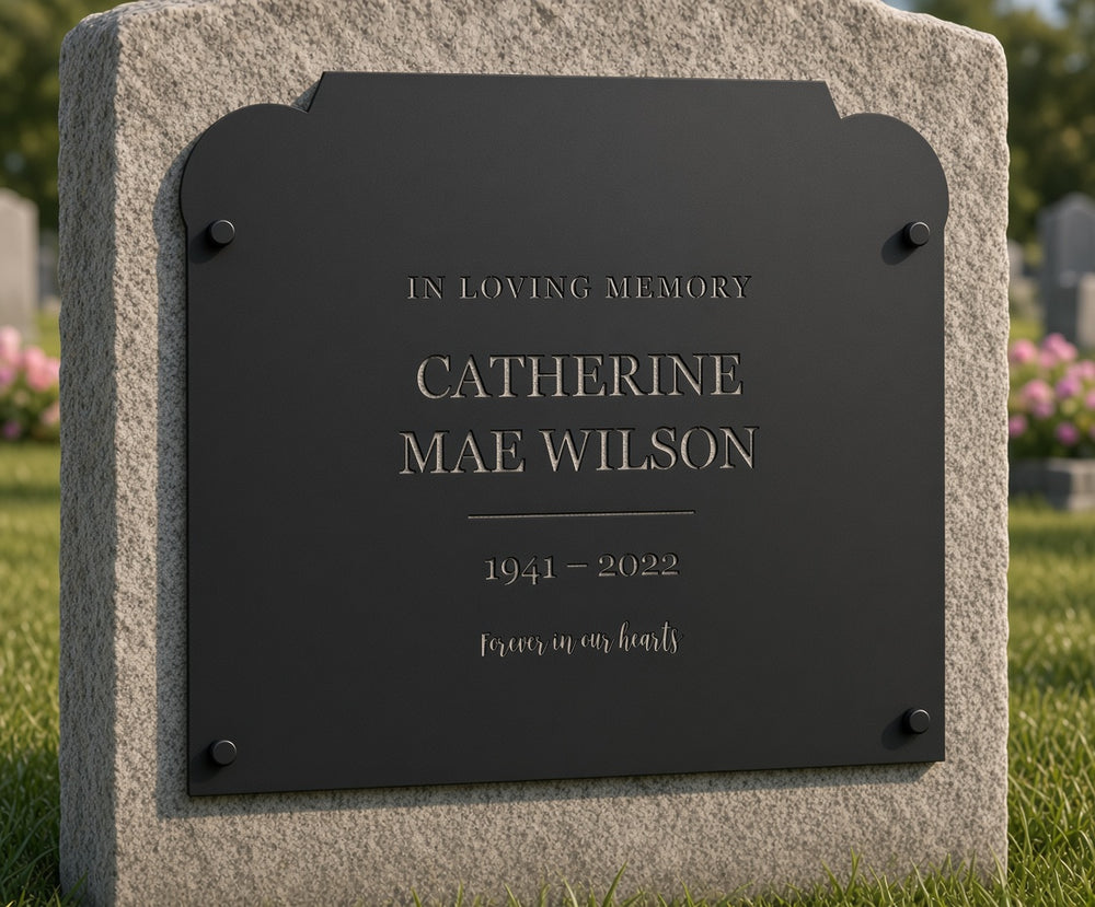 Victorian memorial plaque on black standoffs on a granite headstone