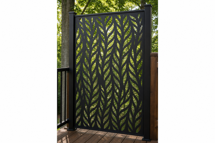 Willow Leaf metal privacy panel installed matching cutout pattern