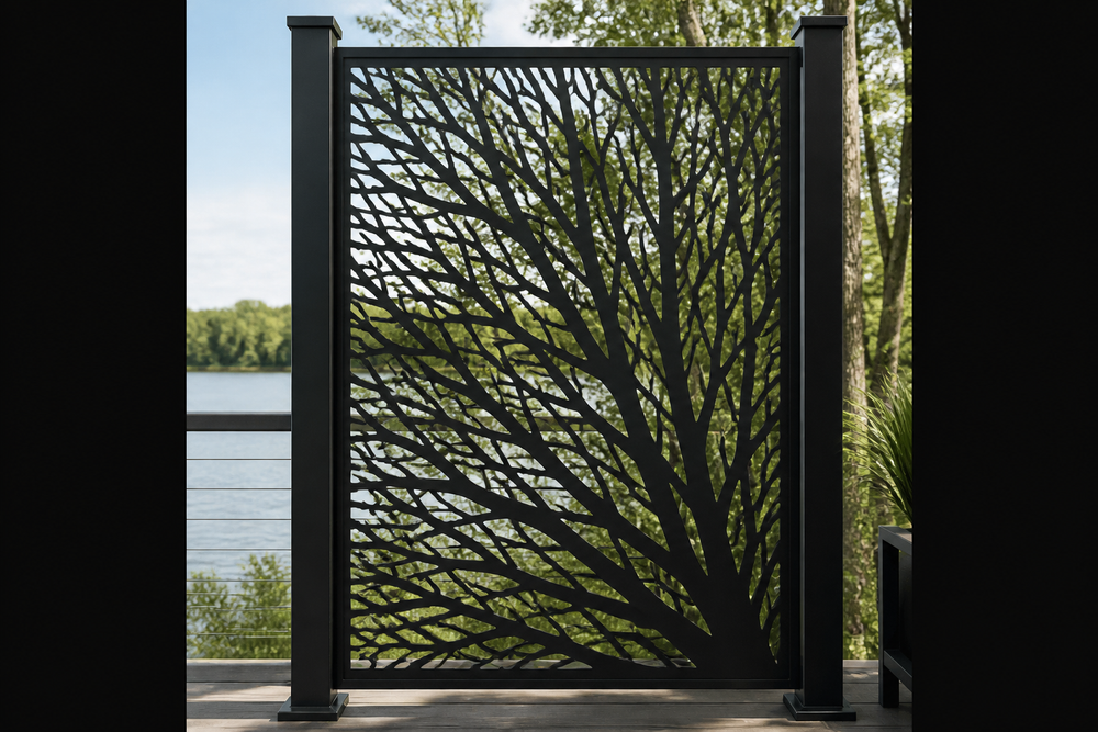 Woodland Branch metal privacy panel installed matching cutout pattern