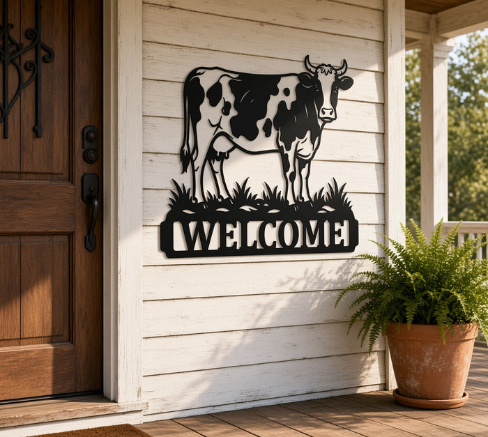 Cow welcome metal sign on a farmhouse porch