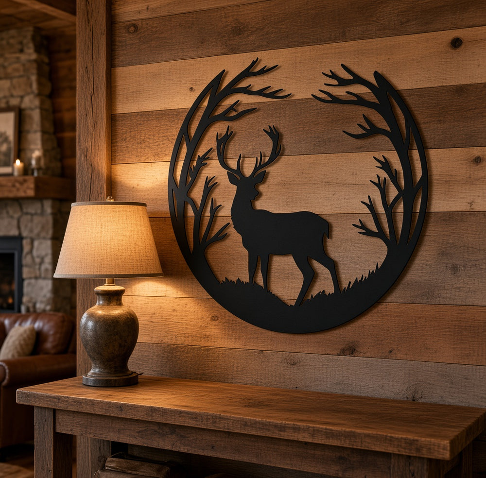 Round deer silhouette metal wall art shown on a cabin wall above a console