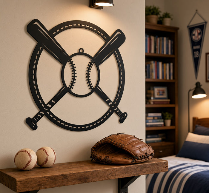 Baseball metal wall art on a bedroom wall