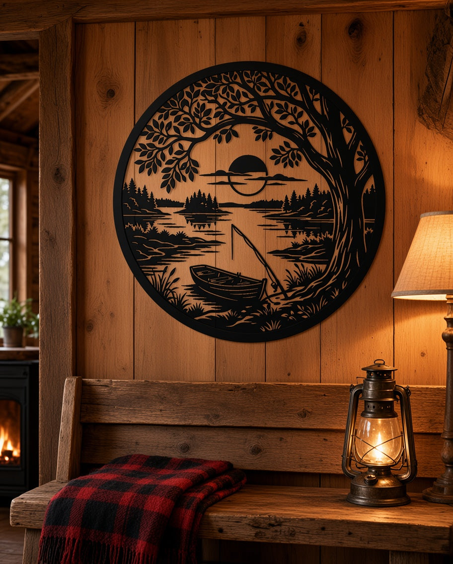Fishing boat lake metal wall art on a cabin wall