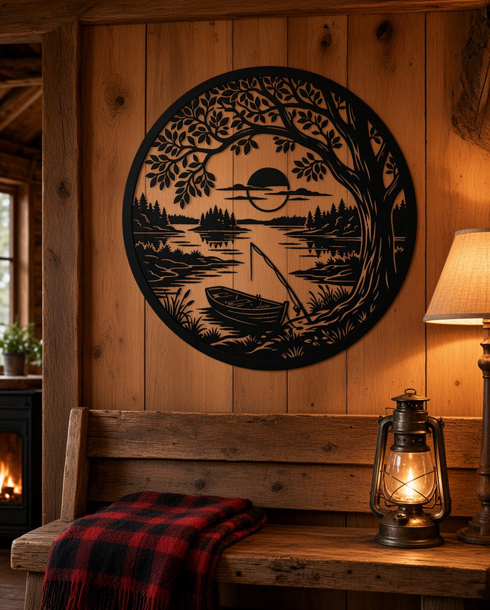 Fishing boat lake metal wall art on a cabin wall