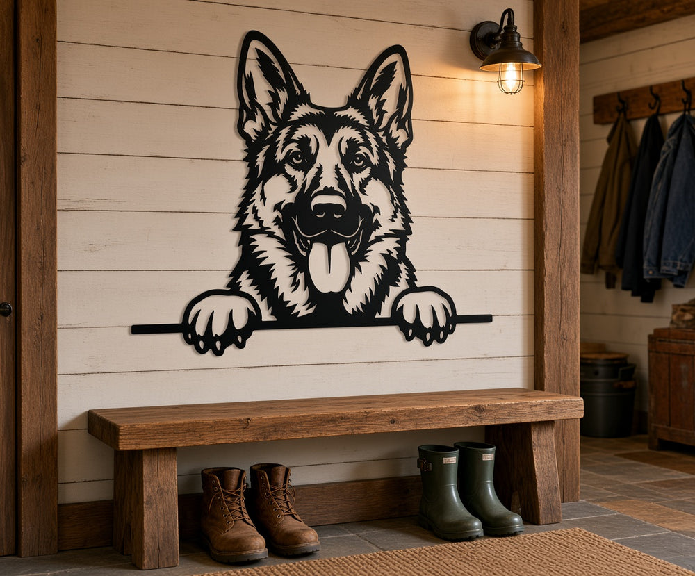 Peeking German shepherd metal wall art shown on a mudroom wall