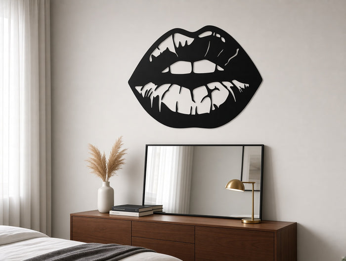 Lips metal wall art on a bedroom wall