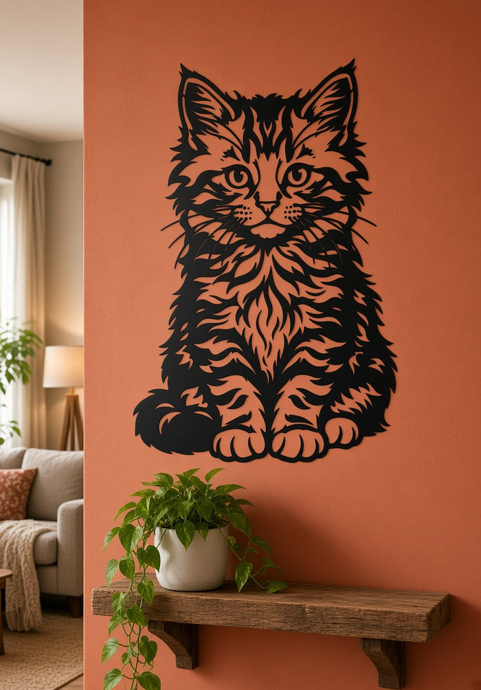 Cute kitten metal wall art shown on a living room wall above a shelf