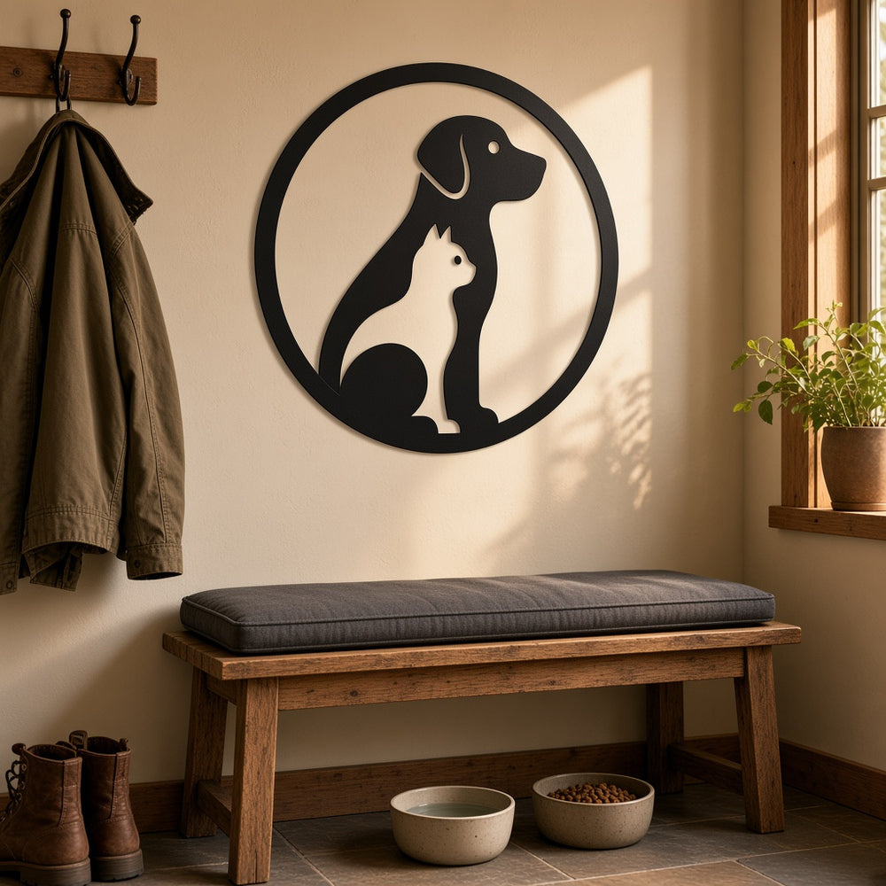 Dog and cat metal wall art on a mudroom wall