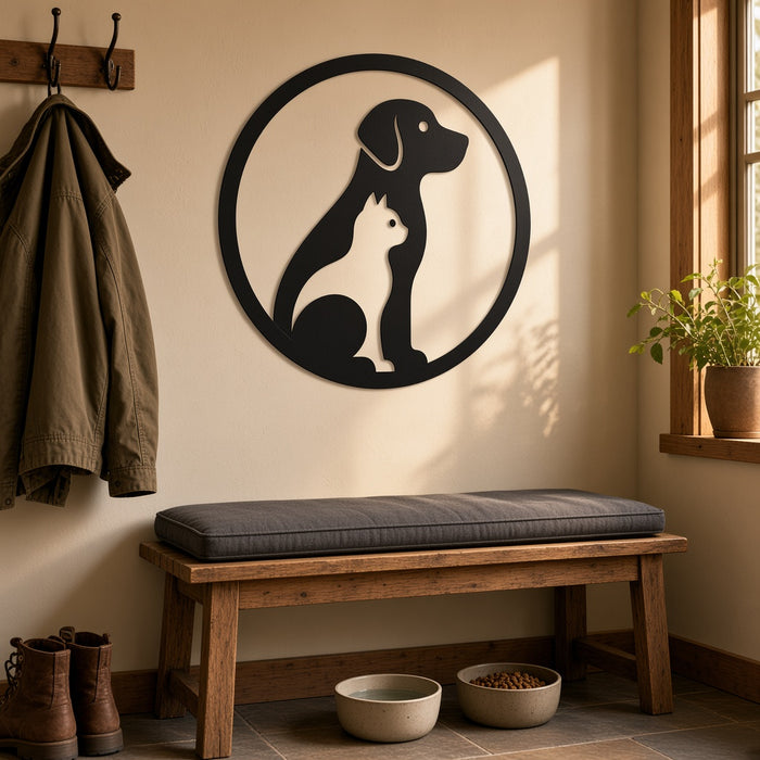 Dog and cat metal wall art on a mudroom wall