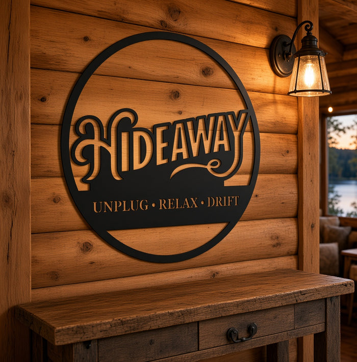 Hideaway cottage name sign on a cabin wall